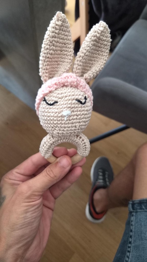 Handmade bunny rattle with wooden ring